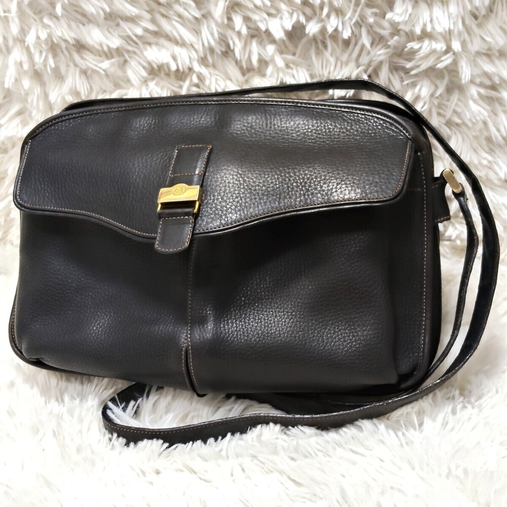 GUCCI shoulder bag double pocket leather black dark brown flap